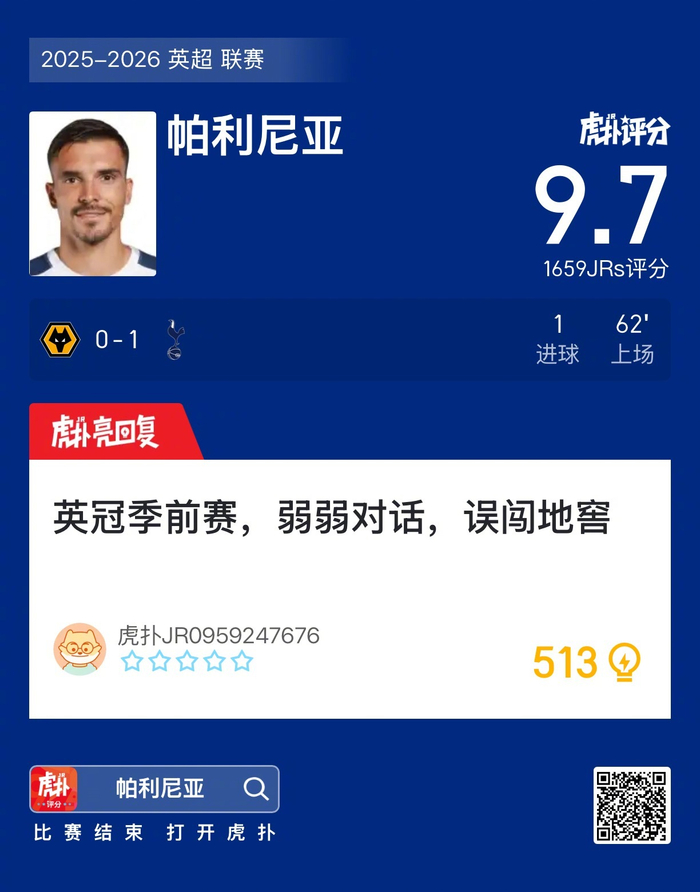 华体会app下载-狼队0比1热刺，帕利尼亚进球获虎扑9.7分|若昂·帕利尼亚|托特纳姆热刺|英冠|评分_新浪体育_新浪新闻